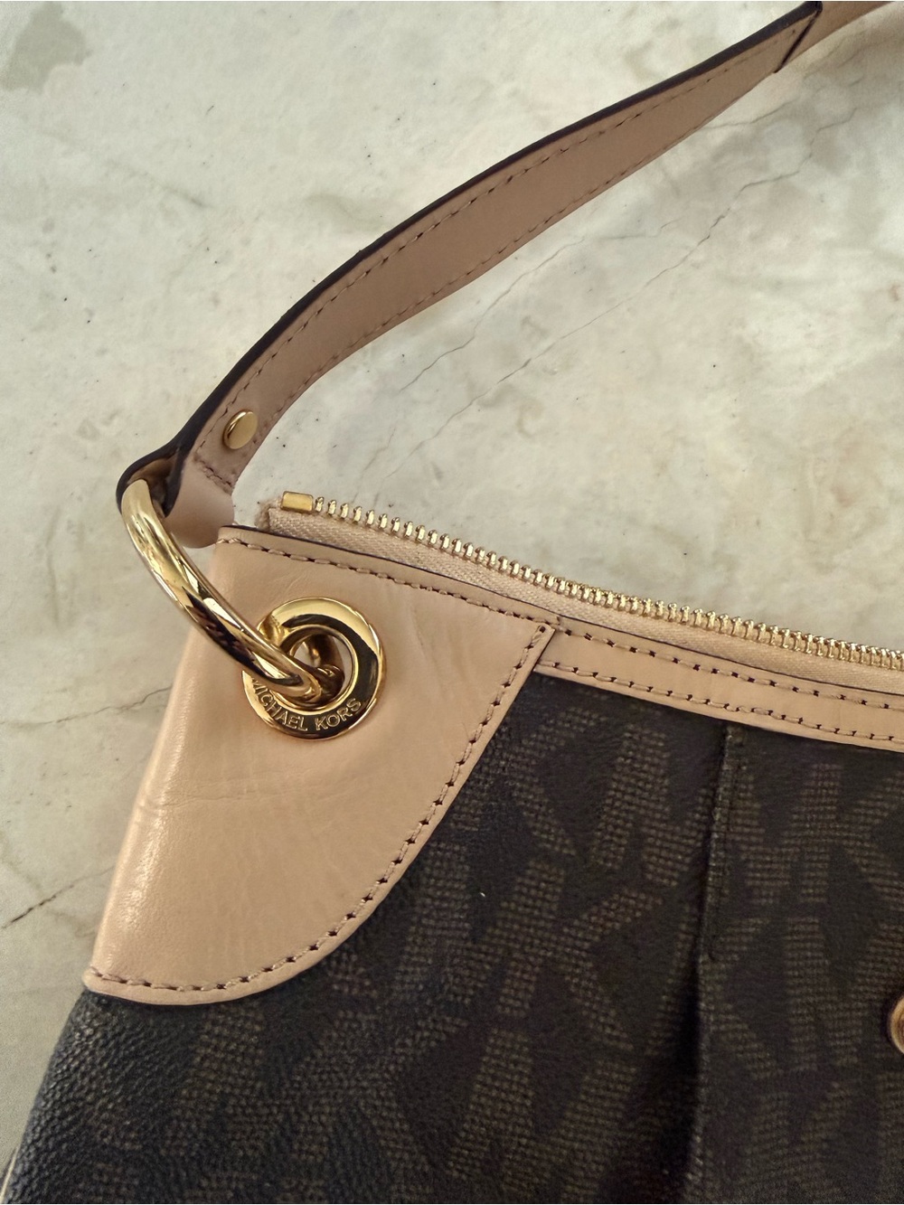 Michael Kors Jet Set Signature Brown Logo with Tan Trim and Gold Hardware (used) - Picture 6 of 9